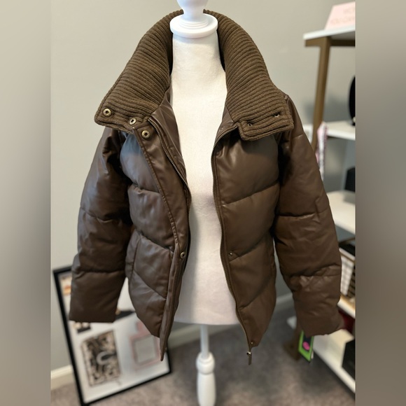 FRENCH CONNECTION Faux Leather Brown Puffer Jacket NWT Side Pockets Size XS - Picture 4 of 8